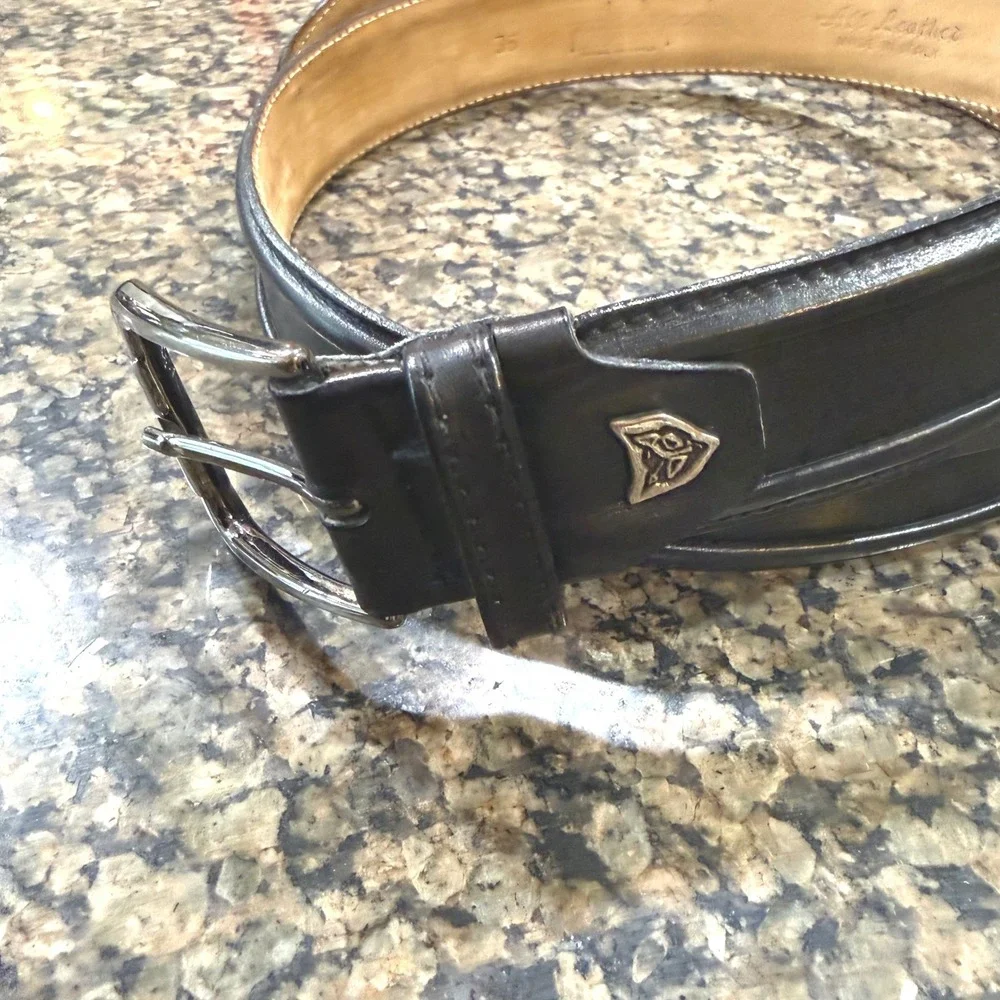 Paolo da Ponte Mens Black Leather Belt Made in Italy Size 36 Silver Buckle Logo‎